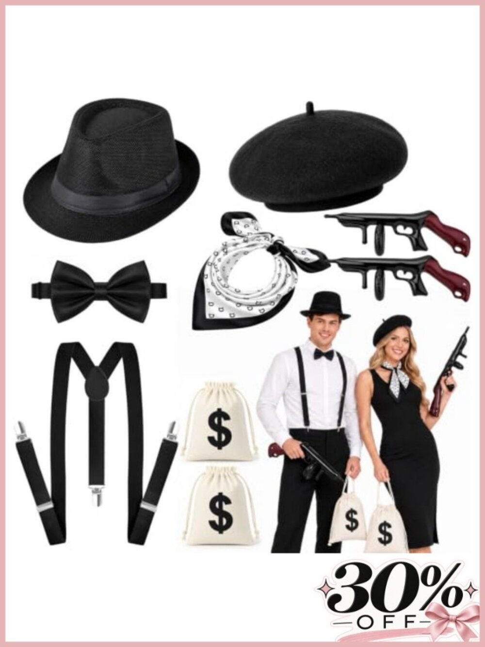 1920s Gangster Couple Costume Accessory Set Fedora Beret Suspenders